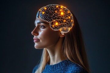 Poster - Hippocampal volume neurofeedback and cognitive reserve woman in profile with glowing brain symbolizing intelligence and futuristic creativity