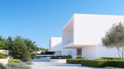 A white house with a large garden in front of it