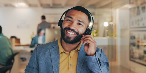 Poster - Customer service, call center and portrait of man at night for telemarketing, communication and helping client. Office, talking and face of person with headset for contact, crm support and consulting