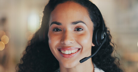 Poster - Customer support, call center and portrait of woman with smile for online agent, communication and help. Office, happy and person with headset for contact, crm service and consulting in New Zealand