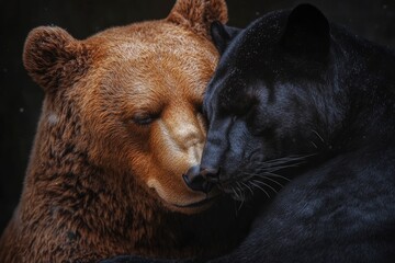 studio photography, hyperrealistic, brown bear and black panther hugging with generative ai