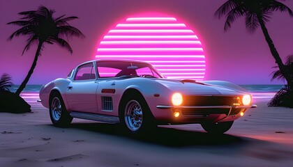 Wall Mural - Vintage car on the beach illuminated by neon lights, embodying retrowave and vaporwave aesthetics for a vibrant summer vacation vibe