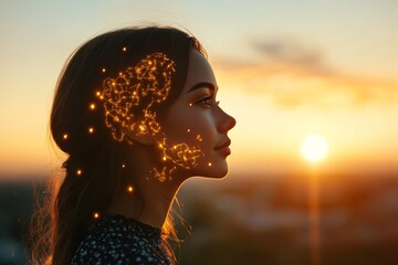 Wall Mural - Biochemistry integration and quantum female silhouette with glowing neural pathways symbolizes human thought and interconnected data systems