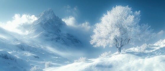 Wall Mural - Frosty Tree and Mountain Landscape in Winter