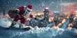 © Maftuh - Santa Claus comes down from the mountain to the city using a snowboard carrying a sack of gifts to distribute, celebrating Christmas.