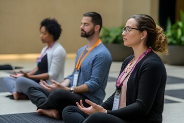 mindfulness at work - employees participating in a meditation session in a corporate wellness progra