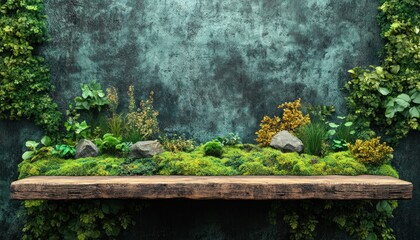 Canvas Print - Wooden Shelf with Greenery and Rocks in Front of a Rustic Wall