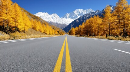 Canvas Print - Empty Asphalt Road Leading Towards Snowy Mountain Peaks in Autumn