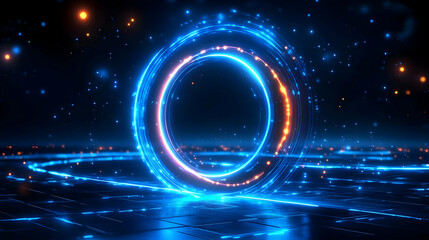 Wall Mural - A glowing blue and orange circular portal with a futuristic digital background.