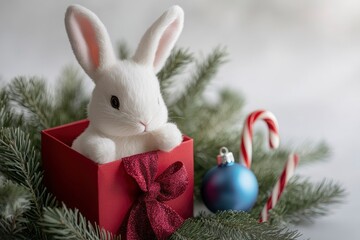 Wall Mural - Stuffed toy white rabbit inside a red gift box with a bow, a blue Christmas ornament, and a candy cane on the right side of it, with generative ai