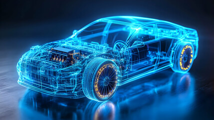 A glowing, transparent car model showcasing its internal components and technology.