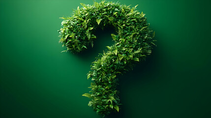 A green question mark made of leaves, symbolizing nature and curiosity.