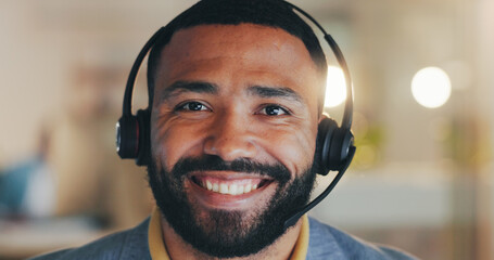 Poster - Happy man, portrait and call center with headphones for customer service, telemarketing or online advice at office. Male person, agent or consultant with smile or headset for help, support or CRM