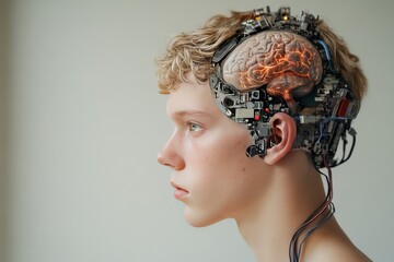 Canvas Print - Artificial AI and transhumanism side view of young boy with brain exposed and wired for neural computing and ai integration