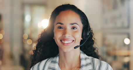 Poster - Customer service, call center and portrait of woman with smile for online agent, communication and help. Office, happy and person with headset for contact, crm support and consulting in New Zealand