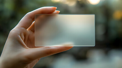 A hand holding a frosted card against a blurred natural background.