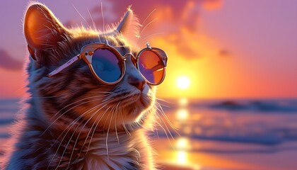 Chic cat in sunglasses enjoying a sunset beach scene with vibrant retrowave and synthwave vibes, perfect retrofuturism illustration for summer vacation designs