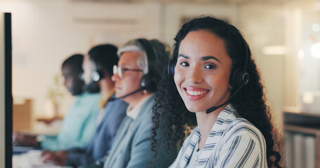 Poster - Computer, portrait and businesswoman with microphone for call center, telemarketing and consulting for service. Office, coworking and advisor with headset for listening, answer questions and helping