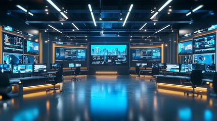 Aufkleber - Modern Control Room with Multiple Monitors and Blue Cityscape Display