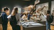 © Pascal - Students exploring a museum, looking at dinosaur fossils and historical artifacts while taking notes