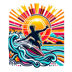 Wall Mural - A dynamic illustration of a surfer riding a big wave under a blazing sun t-shirt design vector art illustration image.
