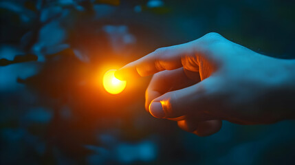 Canvas Print - A hand reaching towards a glowing orb in a serene, dark environment.