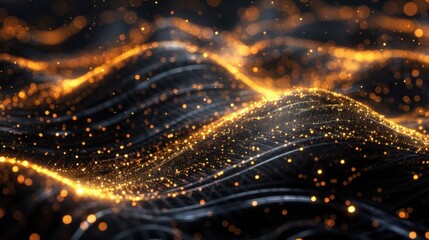 Poster - particle connection network - stock photo digital generated image of glow fiber splines making turbu