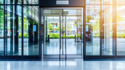 Sticker - Modern Glass Doors Entrance to Office Building with City View Reflection