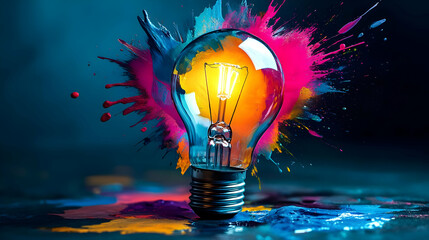 A light bulb surrounded by vibrant splashes of color, symbolizing creativity and ideas.