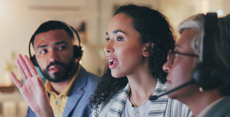 Poster - Customer support, call center and business people in office for meeting, discussion and help with client. Teamwork, night and men and women with headset for telemarketing, crm service and consulting