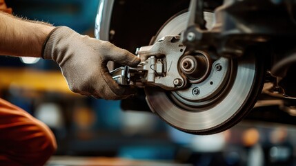 Aufkleber - A close-up of an auto hands adjusting the brakes on a car, with brake pads and discs clearly visible