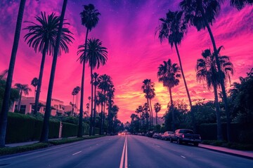 Wall Mural - This image features a view from the driverâ€™s perspective on a Beverly hills road lined with tall palm trees under an extraordinarily vibrant and surreal sky. with generative ai