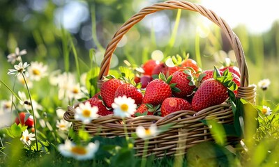 Wall Mural - Basket filled with strawberries sits on sunny meadow white flowers around