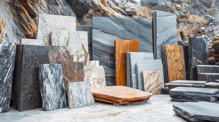 Poster - A collection of granite slabs in various shades and textures, laid out in a quarry setting