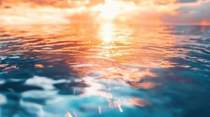 A crystal-clear lake surface reflecting a vibrant sunset sky, creating a mirror-like background with warm colors