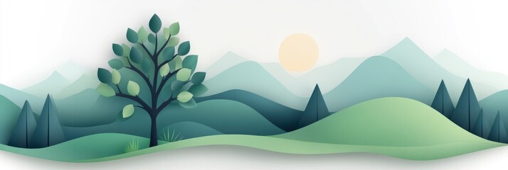 The illustration background features hills and mountains in an abstract green scene.