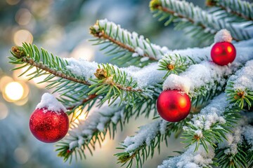 Spruce branch covered in snow with Christmas decoration