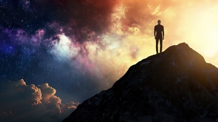 Wall Mural - Man_on_top_of_a_mountain_observing_the_univers