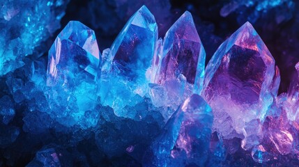Poster - A dramatic background of blue and purple crystals under UV light, revealing unique textures and patterns -
