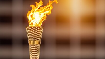 Canvas Print - Golden Torch with Fiery Flame Against Blurred Background