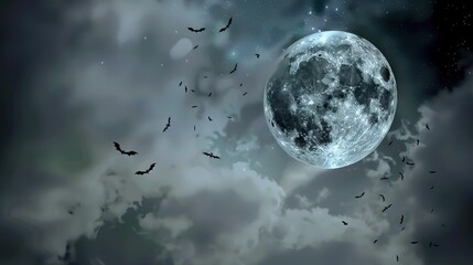 Wall Mural - Halloween_Night_-_Spooky_Moon_In_Cloudy_Sky