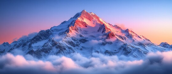 Wall Mural - A Snowy Mountain Peak Bathed in Pink Sunset Light