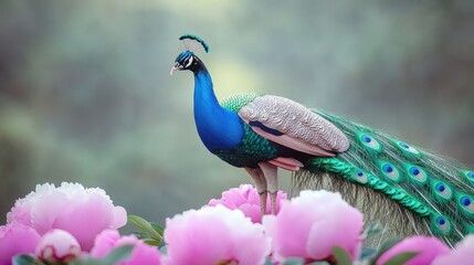 Wall Mural - Majestic Peacock in a Garden of Pink Peonies