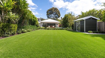 Poster - Lush green lawn with modern house and shed in the background