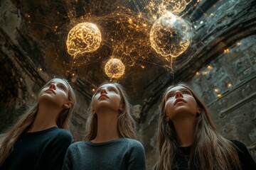 Wall Mural - Light discovery and family women looking up at floating neural spheres symbolizing curiosity connection and the pursuit of knowledge