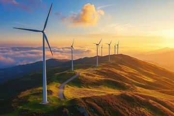 Breathtaking view of wind turbines on green hills during a vibrant sunset with colorful skies and clouds.