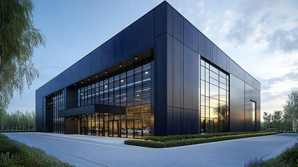 Poster - A modern, sleek building with large glass windows and a black exterior in a landscaped area.