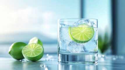 Wall Mural - Refreshing Lime Water with Ice in Glass on Table