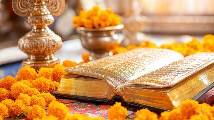 Golden Book with Marigold Flowers for Hindu Ceremony