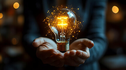 Wall Mural - A person holding a glowing light bulb symbolizing ideas and innovation.